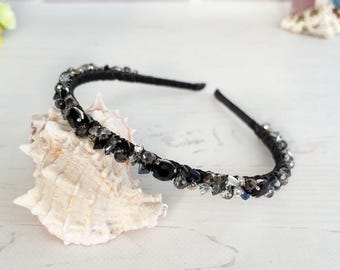 Black wedding headpiece Black rhinestones hair accessories Shiny crystals headband crown Gothic beaded tiara Sparkle stones bridal headband