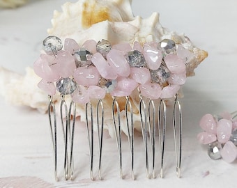 Peineta de boda con cristal de cuarzo rosa, horquilla para dama de honor con brillo rosa pálido, mini peinetas de novia, tocado de cuentas rosas, pieza de pelo de piedra