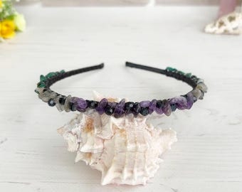 Fascia per capelli con perline sfumate, pietre preziose, cristalli, corona, ametista, labradorite, malachite, copricapo, fermaglio per capelli viola e verde, accessori per capelli