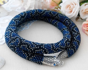 Blue snake statement necklace women, Serpent seed beaded crochet choker necklace, Gothic wedding jewelry for witch, Ouroboros beadwork gift