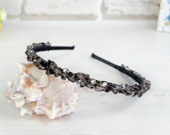 Gemstone black crown Smoky Quartz crystal headband Gothic bridal headpiece Stone wedding hair piece Thin jeweled hairband