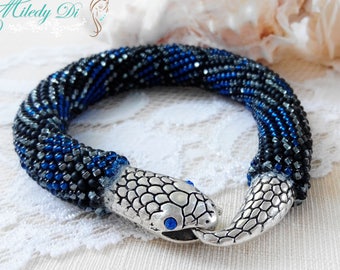 Blue snake bracelet Seed bead jewelry 30th birthday wife gift Serpent bracelet Modern beadwork bracelet gift Ouroboros jewelry Snake bangle