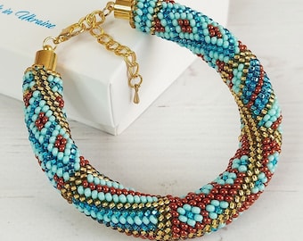 Seed bead crochet bracelet, Geometric Patchwork jewelry, Blue gold women bracelet, Statement chunky beading jewelry, Mothers Day wife gift