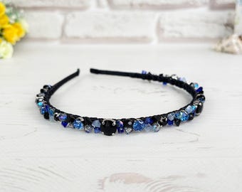Black crystal crown headband Navy blue beaded headpiece Witchy hair piece Minimalist sparkle crown Rhinestone hair accessory Bridal tiara