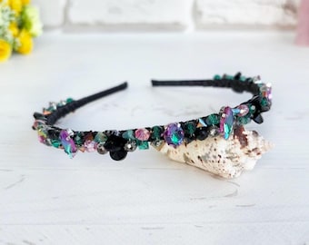 Green black crystals headband Thin sparkle tiara crown Rhinestones gothic hair piece Pink black beaded headpiece wedding Modern bling crown