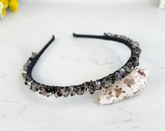 Crystal Smoky Quartz crown Gemstone black wedding headband Gothic bridal hair accessory Bridesmaid beaded headpiece Jeweled hair piece