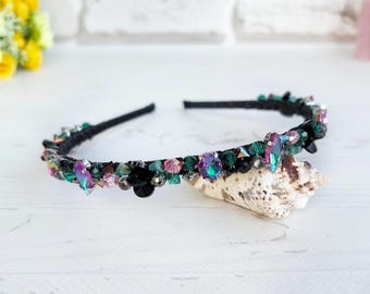 Diadema de cristal rosa negro, tocado de boda negro, corona de piedras góticas, tocado de novia con diamantes de imitación brillantes, tiara de cuentas moderna para mujer