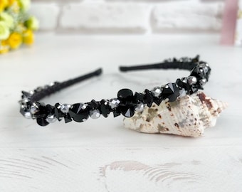 Black rhinestones headband crown Gothic crystals hair piece Halloween wedding beaded headpiece Sparkle stones tiara Witch bridal headband