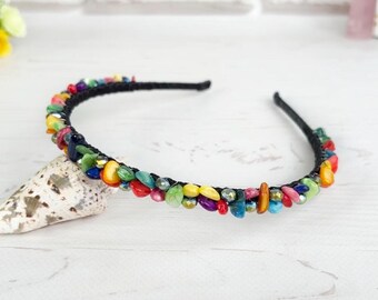 Colorful Pearls headband Handmade stone crown Bright beaded hair piece Multicolored gemstone crystals hairband Festival dainty headpiece