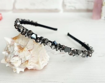 Gray crystal Hematite hearts headband Gray beaded crown Gothic wedding stones headpiece Sparkle rhinestones headband Bling Witch hairband