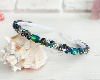 Turquoise crystal crown, Bridal blue green tiara, Sparkle rhinestone headband, Bling wedding stones headpiece, Beaded hair piece