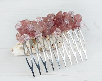 Gemstone sparkle hair comb Strawberry Quartz crystals hair clip women Pink beaded hair piece Wedding stone hair clip Bridal pink headpiece