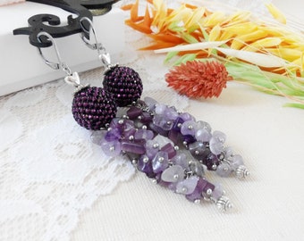 Amethyst cluster earrings, February Birthstone jewelry, Seed bead earrings, Raw gemstone jewelry, Purple long earring, Dangle drop earrings