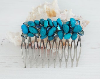 Pettine per capelli con pietra preziosa turchese, gioielli con pietra portafortuna di dicembre, copricapo blu con perline, accessori per capelli da sposa in stile boho, fermaglio per capelli da sposa color verde acqua con gioielli