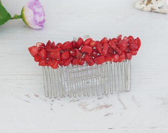 Pettine per capelli con pietra preziosa di corallo rosso, accessori per capelli da sposa con cristalli rossi, fermaglio per capelli da donna con perline, pettine da sposa rustico, fermaglio per capelli con pietra preziosa da sposa