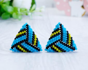 Triangle seed bead earrings, Small blue yellow geometric earrings, Minimalist beaded earrings, Lightweight hypoallergenic studs for women