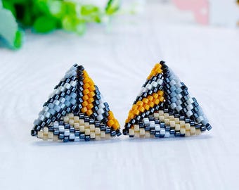 Trianglular grey orange beadwork earrings, Stud seed beaded earrings, Geometric dainty beading earrings, Minimalist handmade earrings women