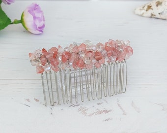 Pink crystals wedding hair comb for bridesmaid, Gemstone women hair clip, Cherry Quartz Birthstone jewelry wife gift Birthday bead headpiece