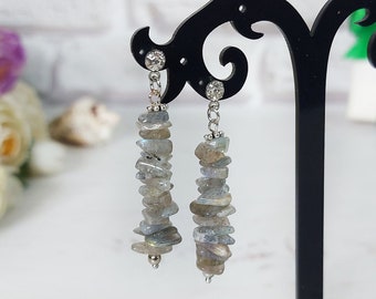 Labradorite gemstone earrings, Cluster threader earrings, Grey beaded stack earrings, Crystals dangle drop earrings, Long everyday earrings