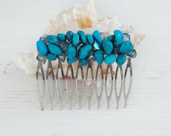 Gemstone Turquoise hair comb, December Birthstone jewelry gift, Bead blue headpiece, Boho wedding hair accessories, Jeweled bridal hair clip