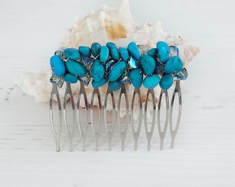Gemstone Turquoise hair comb December Birthstone jewelry Beaded blue headpiece Boho wedding hair accessories Jeweled teal bridal hair clip