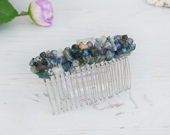 Colorful Jasper birthstone jewelry for hair, Gemstone jeweled hair comb, Raw crystals wedding hair clip, Green bridal hair accessories women