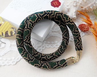 Green snake necklace, Serpent jewelry, Reptile necklace, Python skin jewelry, Seed bead crochet rope necklace, Long Ouroboros necklace women