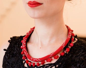 Choker coral necklace Layered charm jewelry Bib unique necklace Woman chunky beaded necklace Red crochet rope Best friend birthday gift