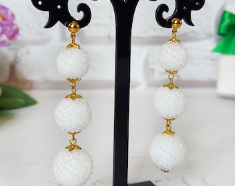 White gold seed bead earrings White ball drop earrings Cluster beaded earrings Long balls earrings modern Wedding dangle drop earrings women