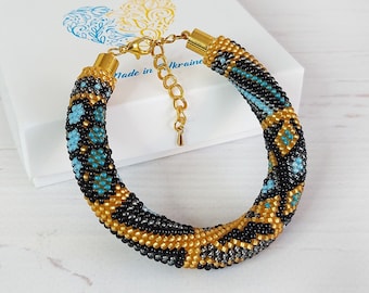 Black Gold geometric Patchwork bracelet Seed bead crochet bracelet Birthday gift sister Beading handmade jewelry Beadwork everyday bracelet