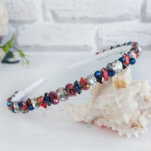 Blue red rhinestones tiara crown wedding, Bling modern hair band, Bridal crystals headpiece, Embellished sparkle headband, Beaded hair piece image 2