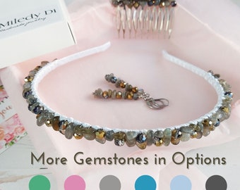 Pieza para el cabello con cristales de labradorita, regalo de cumpleaños para hija, pinza para el cabello con piedras preciosas, diadema con cuentas, corona, peineta gris brillante, aretes de enhebrado apilados