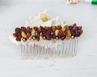 Brown gemstone hair comb, Crystal boho wedding comb, Women bead hair clip, Bling bridal comb, Jeweled hair piece, Birthday headpiece adult