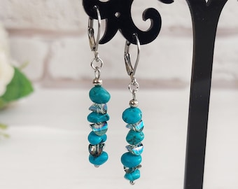 Turquoise bead long earrings, Teal crystals earrings, Gemstone threader jewelry, December Birthstone jewelry, Dangle drop cluster earrings