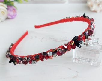 Red & Black crystals Halloween headband, Gothic wedding witchy crown, Red rhinestones hair piece for girl, Thin sparkle bridal tiara crown