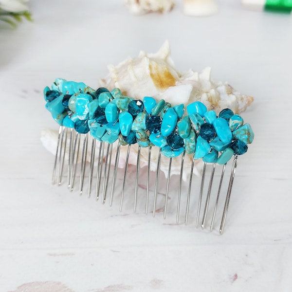Crystal Turquoise comb, December Birthstone jewelry, Beaded headpiece, Teal jewelry, Jeweled bridal hair clip, Boho wedding hair accessories