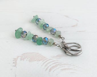 Gemstone green Jade earrings Cluster Nephrite earrings Stones dangle earrings Crystals drop earrings Minimalist stacked threader earrings