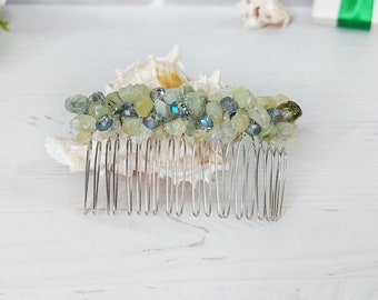 Gemstone hair piece, Prehnite crystal hair comb, Bead jeweled hair accessories, Bling bridal headpiece, Raw stone wedding hair clip women