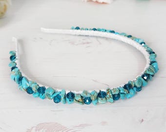 Turquoise crystal hair piece Teal crystal gemstones tiara crown Bridal bead headband Boho wedding headpiece Sparkle blue stones headband
