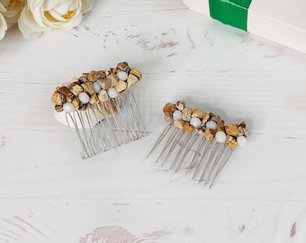 Jasper mini hair comb Bridesmaid bead hair accessories Rustic wedding bridal hair comb Brown stone hair clip Bling crystal headpiece bridal