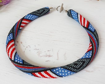 America flag seed beaded crochet necklace USA flag handmade beading necklace Independence Day necklace mom gift Statement bold beaded choker