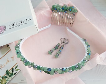 Joyas de jade y piedras preciosas, regalo de piedra natal para mujer, diadema de cuentas de nefrita verde, peineta y pendientes, corona de boda de jade y cristales para la novia