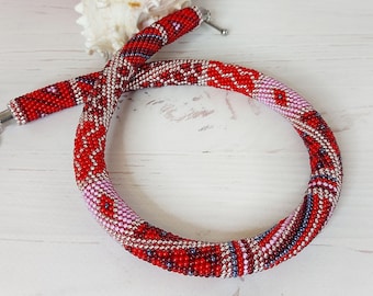 Geometric red beading necklace Red silver seed bead crochet necklace Bohemian beadwork rope choker Birthday mom gift Trendy chunky jewelry
