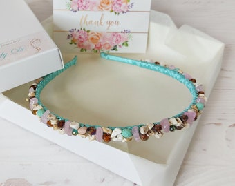 Colorful stone minimalist headpiece, Mix gemstone crystals hair band, Bling beaded headband crown birthday, Women jeweled hair piece adult