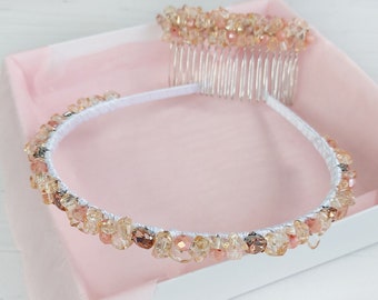 ベージュのクリスタルヘッドバンド、宝石ゴールドクォーツのヘアアクセサリー、母の日の贈り物（妻向け）、宝石付きヘッドピース、ビーズのヘアクリップ、キラキラ輝くヘアコーム