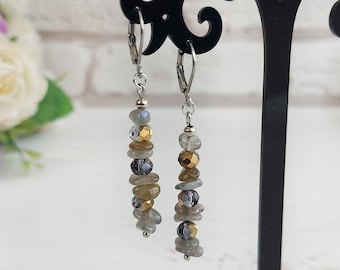 Labradorite gemstone jewelry, Long crystals earrings, Cluster beaded earrings, Gray threader earrings, Stacked earrings, Chandelier earrings