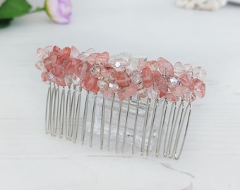 Cherry Quartz crystal hair comb Gemstone wedding hair clip Bling wedding hair jewelry Pink beaded hair piece Prom stone hair accessory
