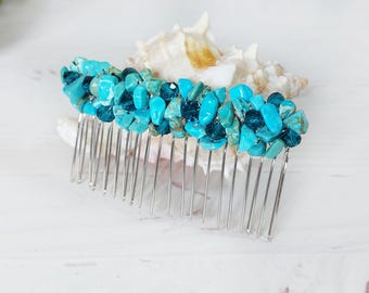Turquoise stones wedding hair comb Blue crystals hair piece Teal gemstones hair clip Beaded bridal hair comb Bridesmaid jeweled hair clip