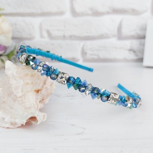 Turquoise blue crown crystals, Sparkle wedding headband for bridesmaid, Rhinestones bling hair piece, Bridal blue headpiece, Modern hairband