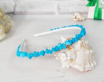 Gemstone Blue Turquoise headpiece Thin crystal headband crown Minimalist beaded hair piece girl December Birthstone hair jewelry women gift